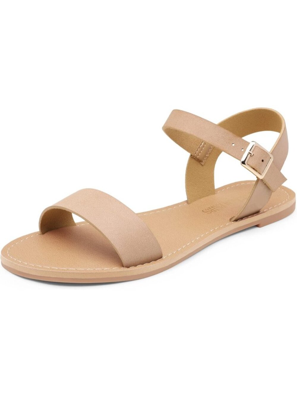 Women's Nude Flat Sandals Open Toe Ankle Strap Faux Leather Non Slip Shoes